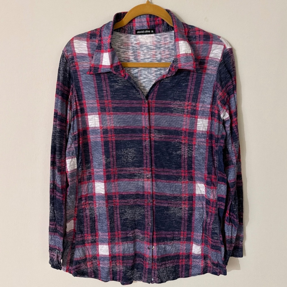 David Cline Womens XL Plum Plaid Button Down Shirt Long Sleeve Knit Made in USA